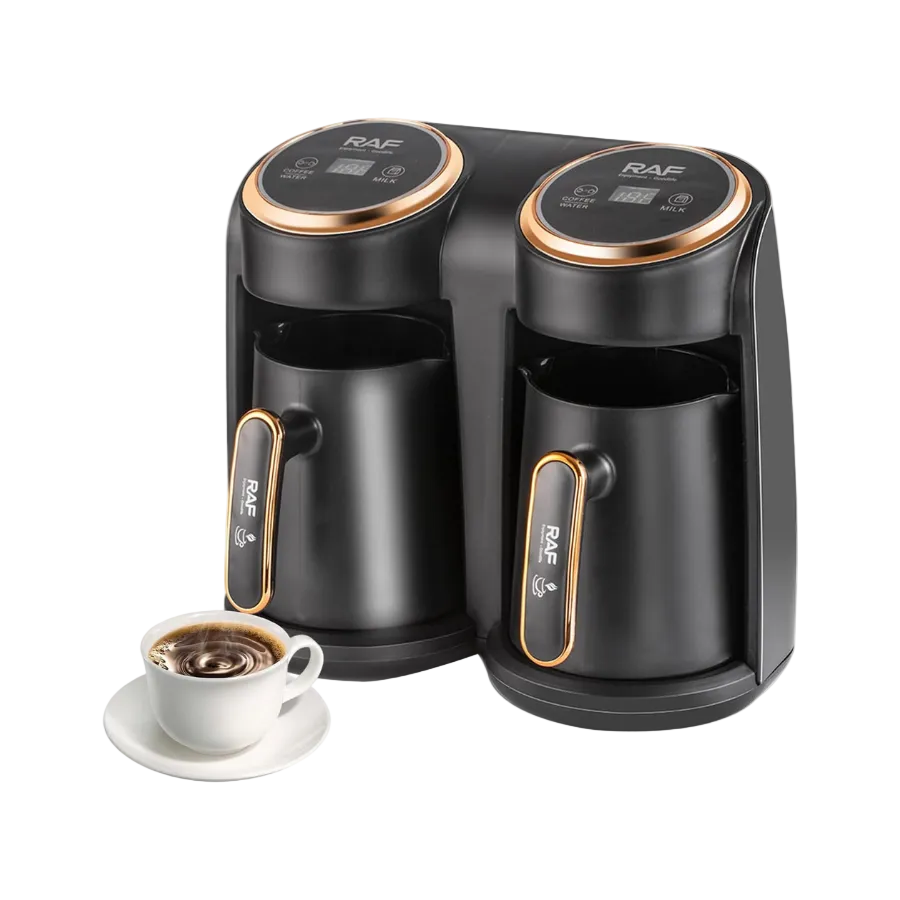 Cafetieră Electrică Turcească RAF R145, 600W, Sistem Dublu 0.3L + 0.3L, Prepară 2 Cafele Simultan, Oprire Automată, Auriu/Negru
