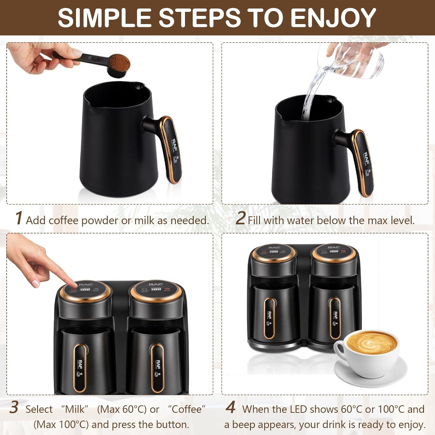 Cafetieră Electrică Turcească RAF R145, 600W, Sistem Dublu 0.3L + 0.3L, Prepară 2 Cafele Simultan, Oprire Automată, Auriu/Negru