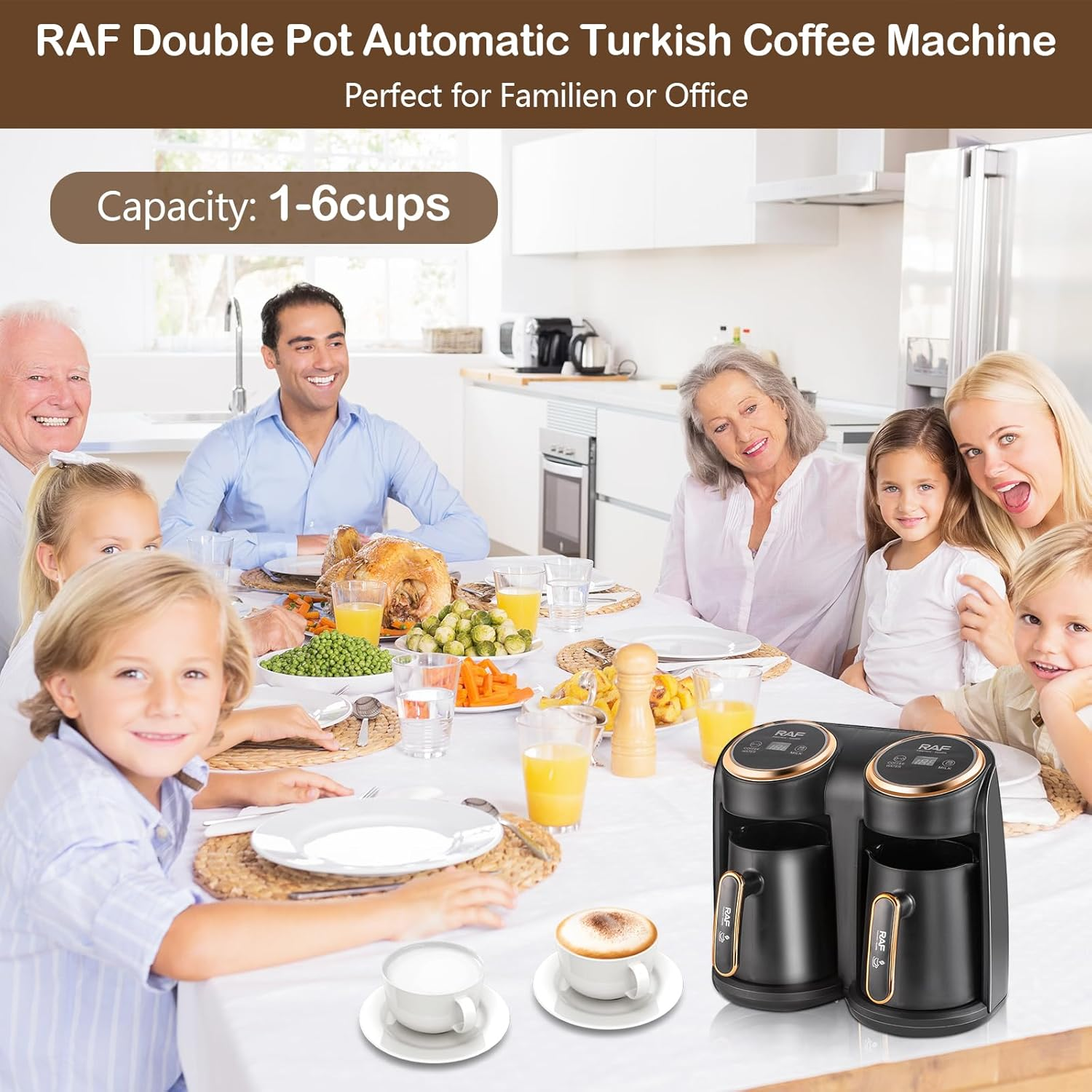 Cafetieră Electrică Turcească RAF R145, 600W, Sistem Dublu 0.3L + 0.3L, Prepară 2 Cafele Simultan, Oprire Automată, Auriu/Negru