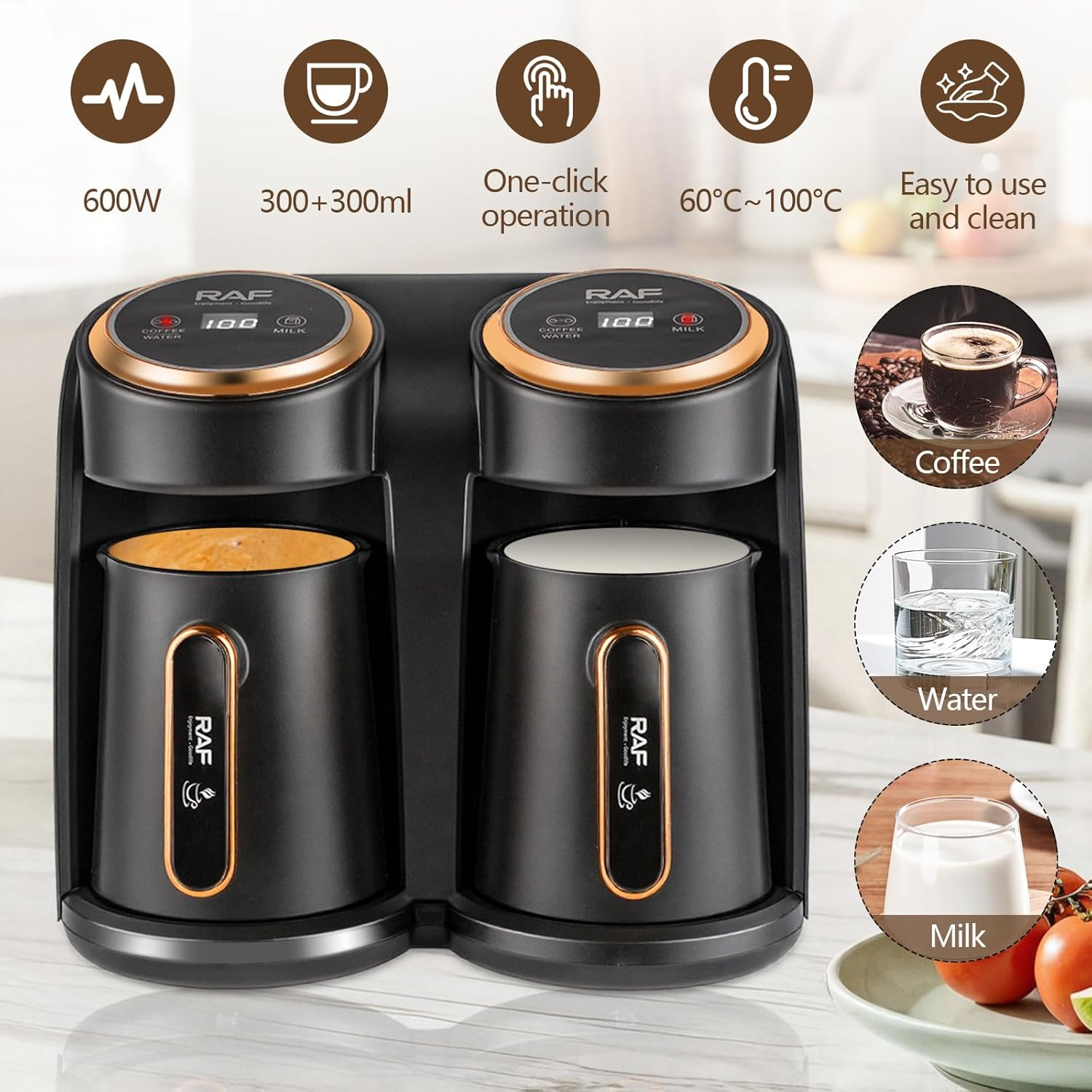Cafetieră Electrică Turcească RAF R145, 600W, Sistem Dublu 0.3L + 0.3L, Prepară 2 Cafele Simultan, Oprire Automată, Auriu/Negru