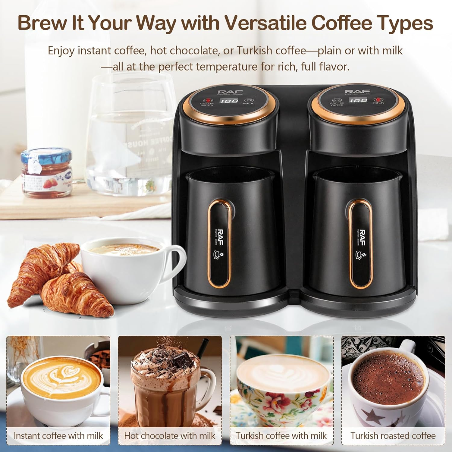 Cafetieră Electrică Turcească RAF R145, 600W, Sistem Dublu 0.3L + 0.3L, Prepară 2 Cafele Simultan, Oprire Automată, Auriu/Negru