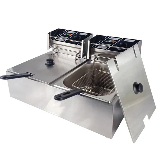 Friteuză Electrică Comercială Dublă 12L (2x6L), 5000W, Inox, 2 Coșuri, Temperatură Reglabilă 60-200°C, Uz Profesional pentru Restaurant, Fast-Food și Catering