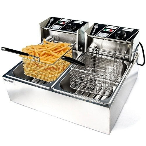 Friteuză Electrică Comercială Dublă 12L (2x6L), 5000W, Inox, 2 Coșuri, Temperatură Reglabilă 60-200°C, Uz Profesional pentru Restaurant, Fast-Food și Catering