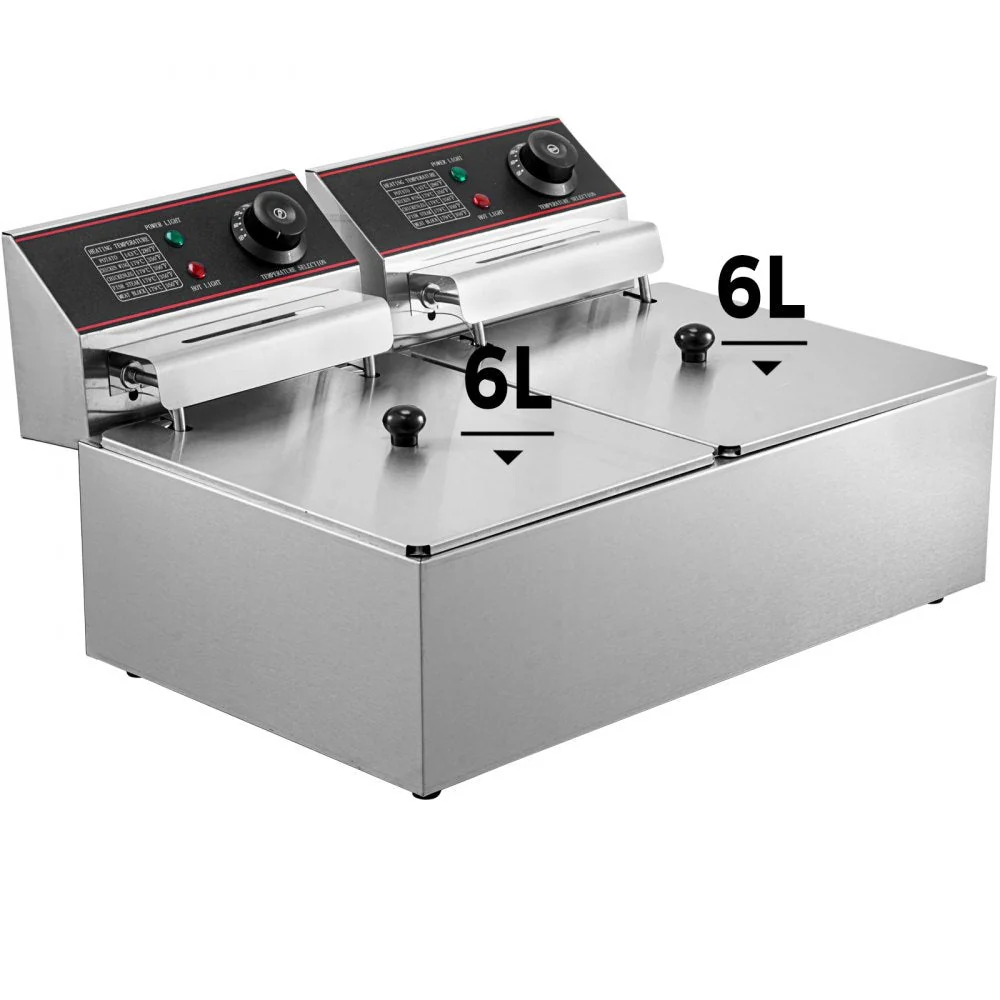 Friteuză Electrică Comercială Dublă 12L (2x6L), 5000W, Inox, 2 Coșuri, Temperatură Reglabilă 60-200°C, Uz Profesional pentru Restaurant, Fast-Food și Catering