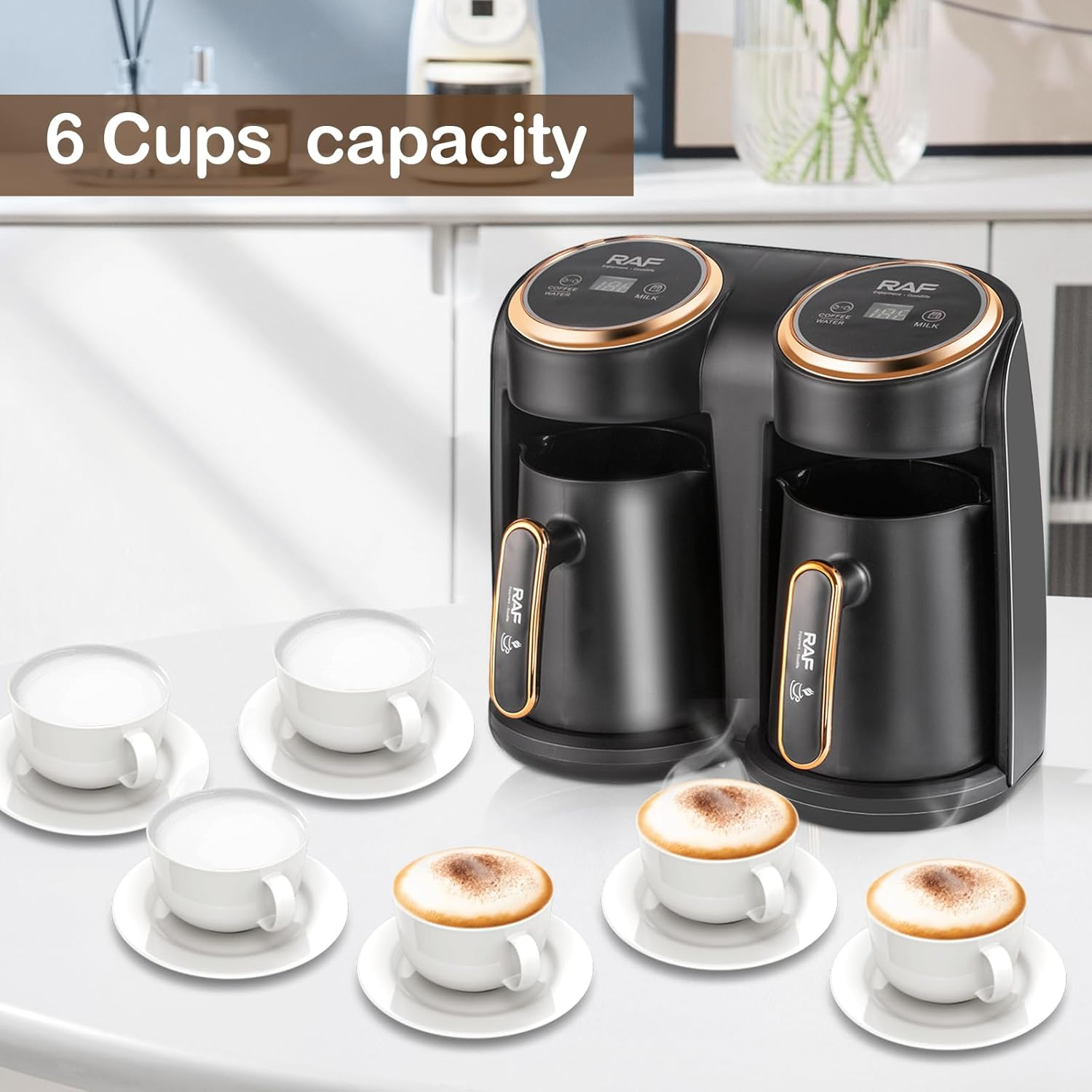 Cafetieră Electrică Turcească RAF R145, 600W, Sistem Dublu 0.3L + 0.3L, Prepară 2 Cafele Simultan, Oprire Automată, Auriu/Negru