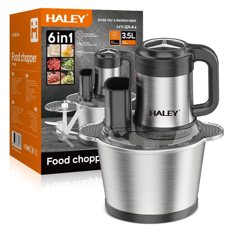 Tocator Electric Multifunctional HALEY, Garantie 3 Ani, 1200W, Vas Inox 3.5L, 4 Lame Inox, 2 Viteze, Tocare Rapida