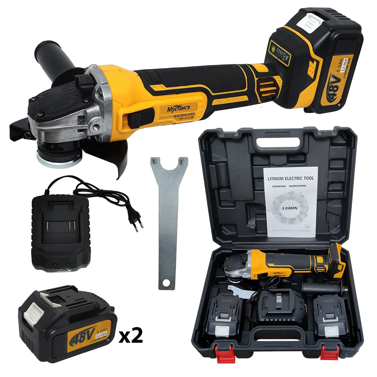 Polizor unghiular fără fir 125 mm, 2 acumulatori Li-Ion, 48V, 8100 RPM, trusă transport