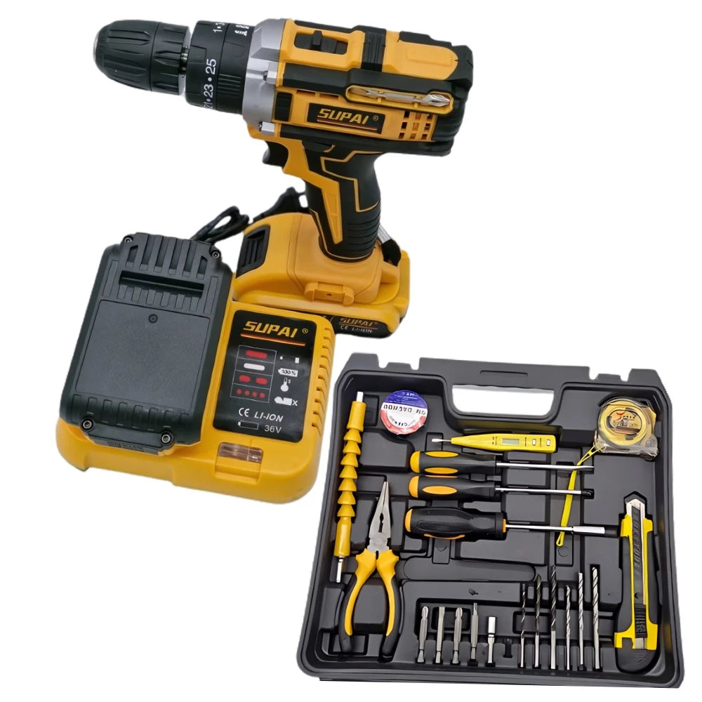 Bormașină cu percuție fără fir 48V, 2 acumulatori Li-Ion, set 36 accesorii, valiză transport