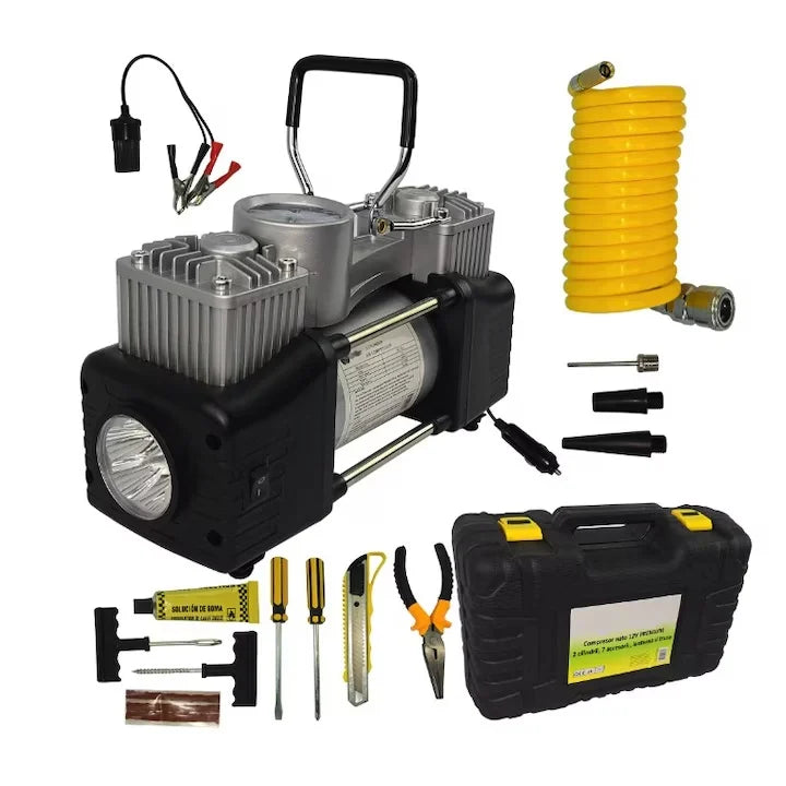 Compresor auto 12V cu 2 cilindri, 70L/min, 150 PSI, kit reparație pană și lanternă LED