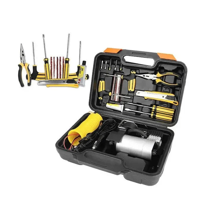 Compresor auto 12V cu 2 cilindri, 70L/min, 150 PSI, kit reparație pană și lanternă LED