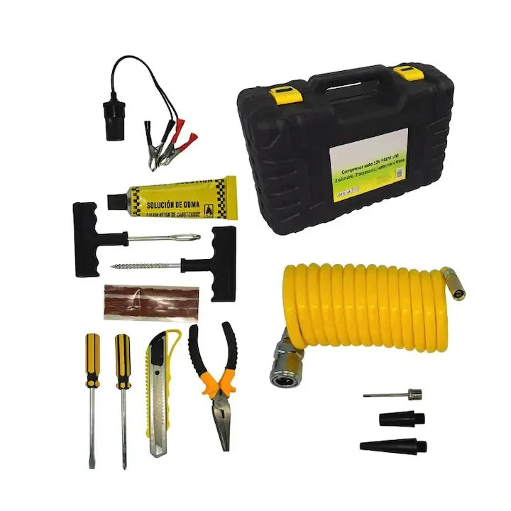 Compresor auto 12V cu 2 cilindri, 70L/min, 150 PSI, kit reparație pană și lanternă LED