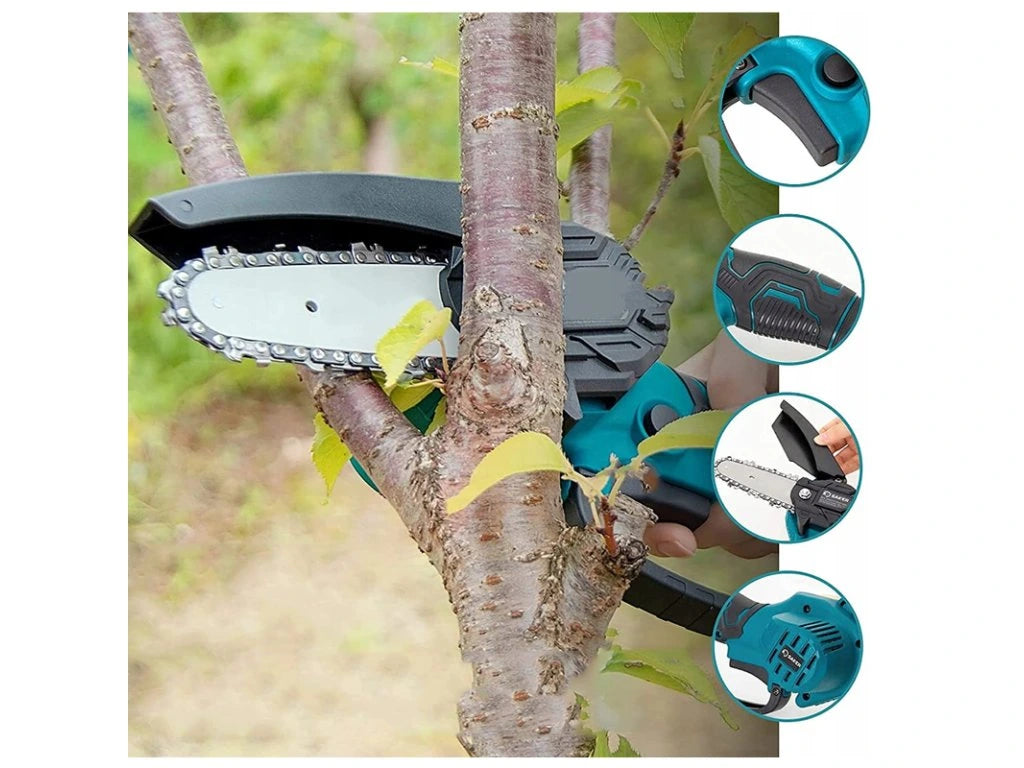 Mini drujbă electrică fără fir 8 inch, 48V, 2 acumulatori Li-Ion, set complet cu lanț și accesorii