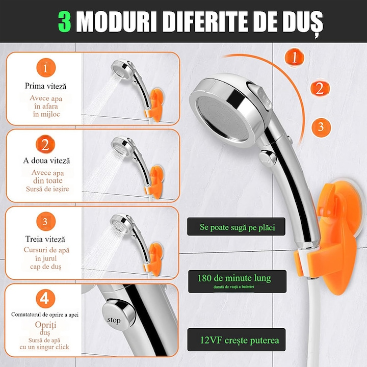 Duș Portabil pentru Camping cu Acumulator 7800 mAh | Debit Reglabil 0–9 L/min | Afișaj Temperatură | Furtun 2 m | IPX7 | Pompă Electrică Reîncărcabilă