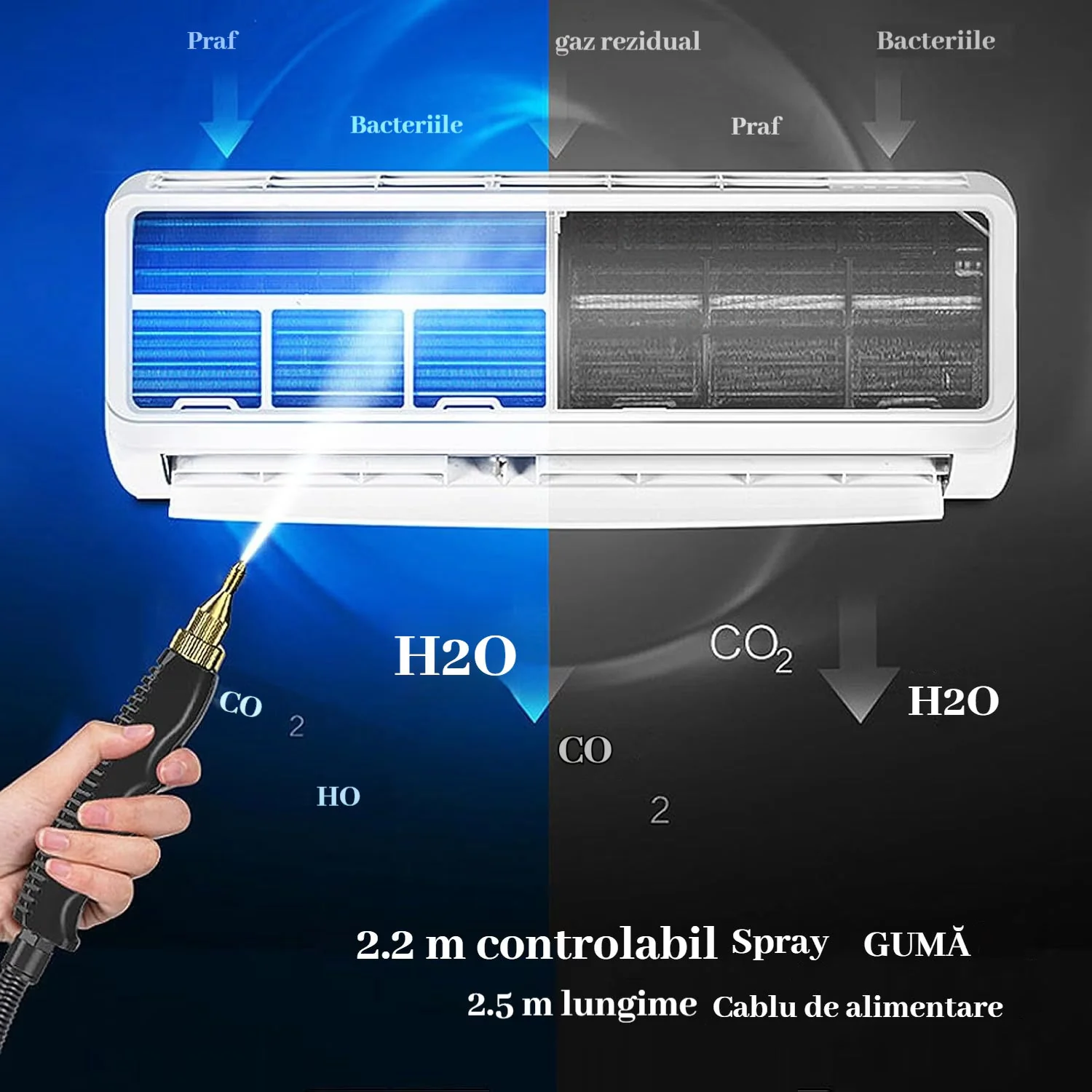 Aparat de curatat cu abur 2500W, presiune 3 bar, rezervor 1L, incalzire rapida, 4 accesorii incluse, alb/negru