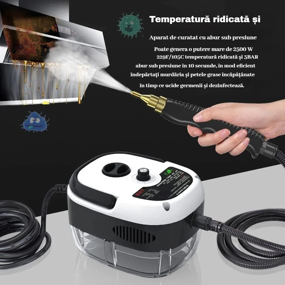 Aparat de curatat cu abur 2500W, presiune 3 bar, rezervor 1L, incalzire rapida, 4 accesorii incluse, alb/negru