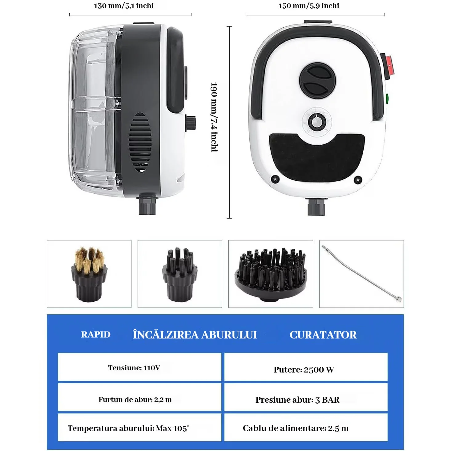 Aparat de curatat cu abur 2500W, presiune 3 bar, rezervor 1L, incalzire rapida, 4 accesorii incluse, alb/negru