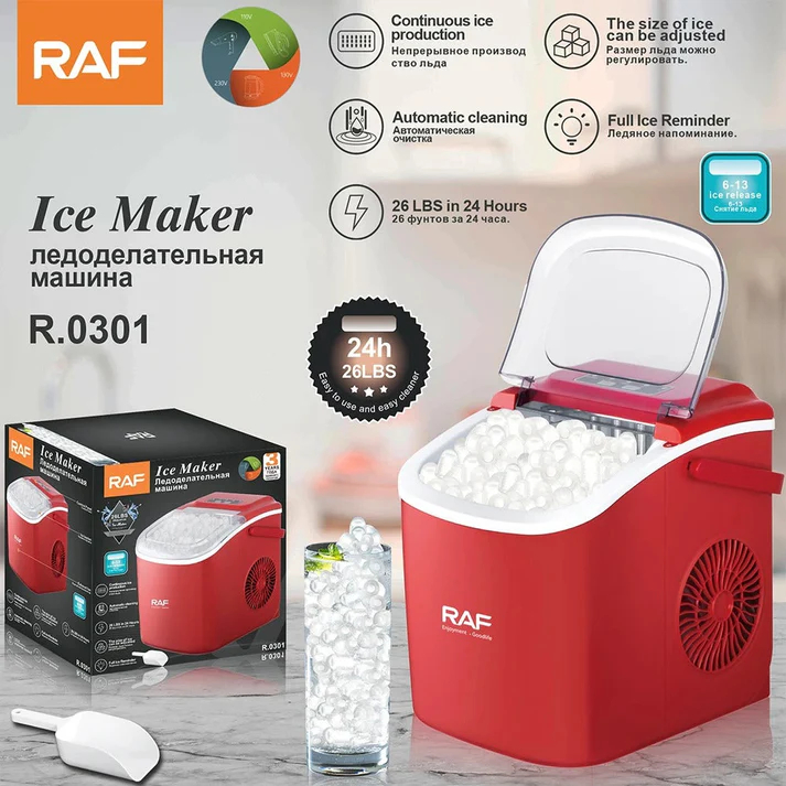Aparat de gheata electric RAF, cuburi tip bullet, compact, cos colectare, lingura inclusa, garantie 3 ani
