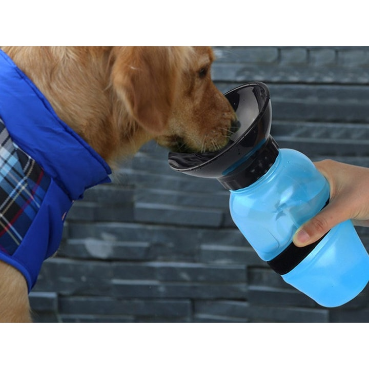 Sticla portabila cu bol pentru apa caini si pisici, 0.5L, adaptor tip adapator, anti-scurgere, albastru