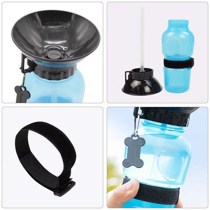 Sticla portabila cu bol pentru apa caini si pisici, 0.5L, adaptor tip adapator, anti-scurgere, albastru