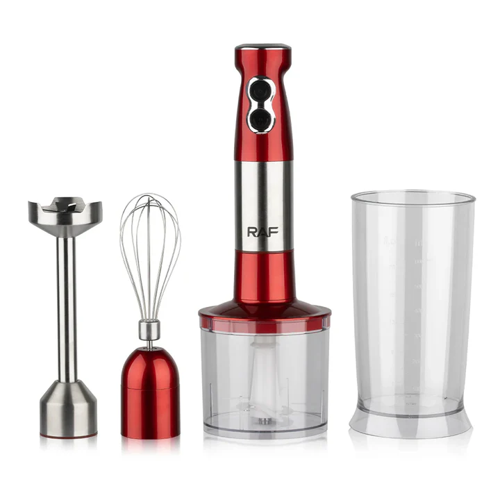 Set blender de mana 4 in 1 RAF R269, 600W, tocator, tel, pahar 600 ml, rosu/negru, garantie 3 ani