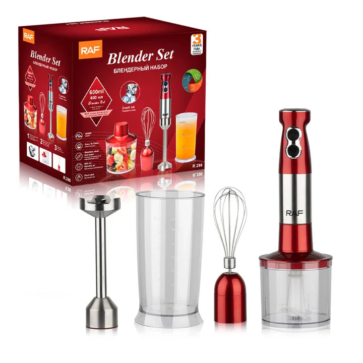 Set blender de mana 4 in 1 RAF R269, 600W, tocator, tel, pahar 600 ml, rosu/negru, garantie 3 ani