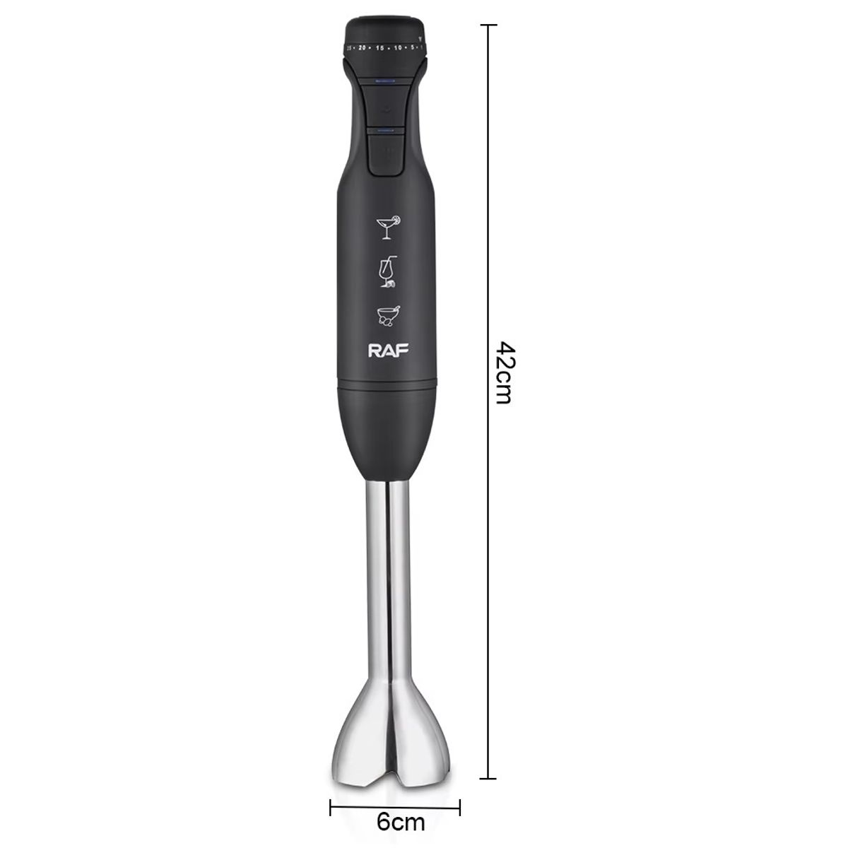 Blender vertical de mana RAF R780, 1500W, 12000 rpm, 4 lame inox, 42x6 cm, negru, garantie 3 ani