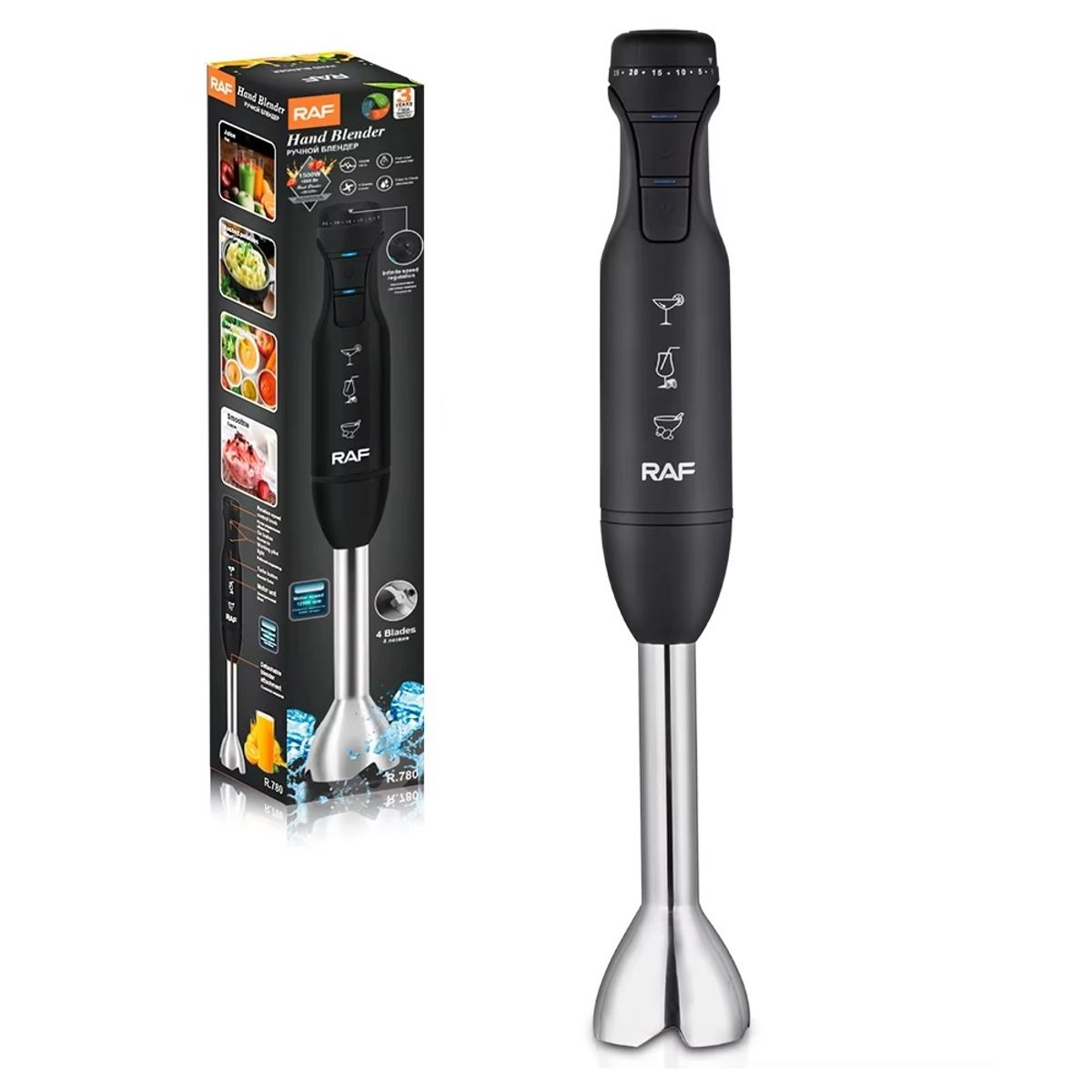 Blender vertical de mana RAF R780, 1500W, 12000 rpm, 4 lame inox, 42x6 cm, negru, garantie 3 ani