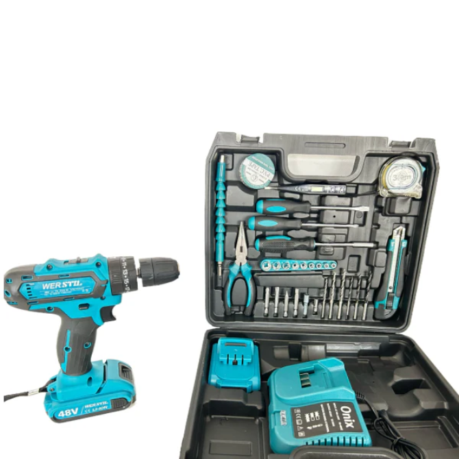 Bormașină Autofiletantă cu Percuție 48V, 2 Acumulatori Reîncărcabili, Trusă Completă cu 36 Accesorii, Mandrină Rapidă, Fără Fir