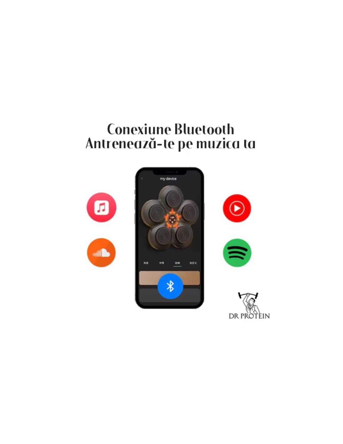 Aparat Antrenament Box Smart cu LED, Bluetooth si Difuzor, Senzori Lovituri, Display HD, Acumulator 1200mAh, USB, Compatibil iOS/Android