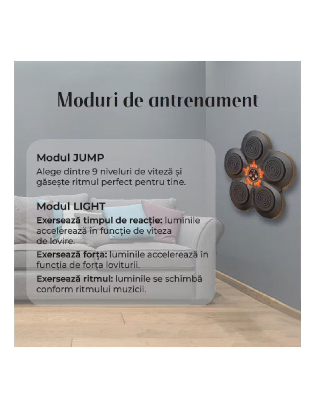 Aparat Antrenament Box Smart cu LED, Bluetooth si Difuzor, Senzori Lovituri, Display HD, Acumulator 1200mAh, USB, Compatibil iOS/Android