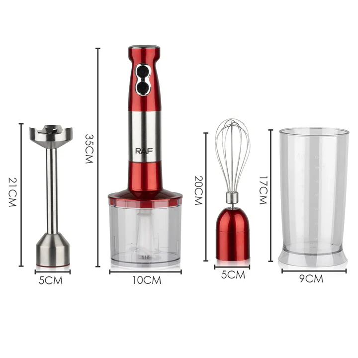 Set blender de mana 4 in 1 RAF R269, 600W, tocator, tel, pahar 600 ml, rosu/negru, garantie 3 ani