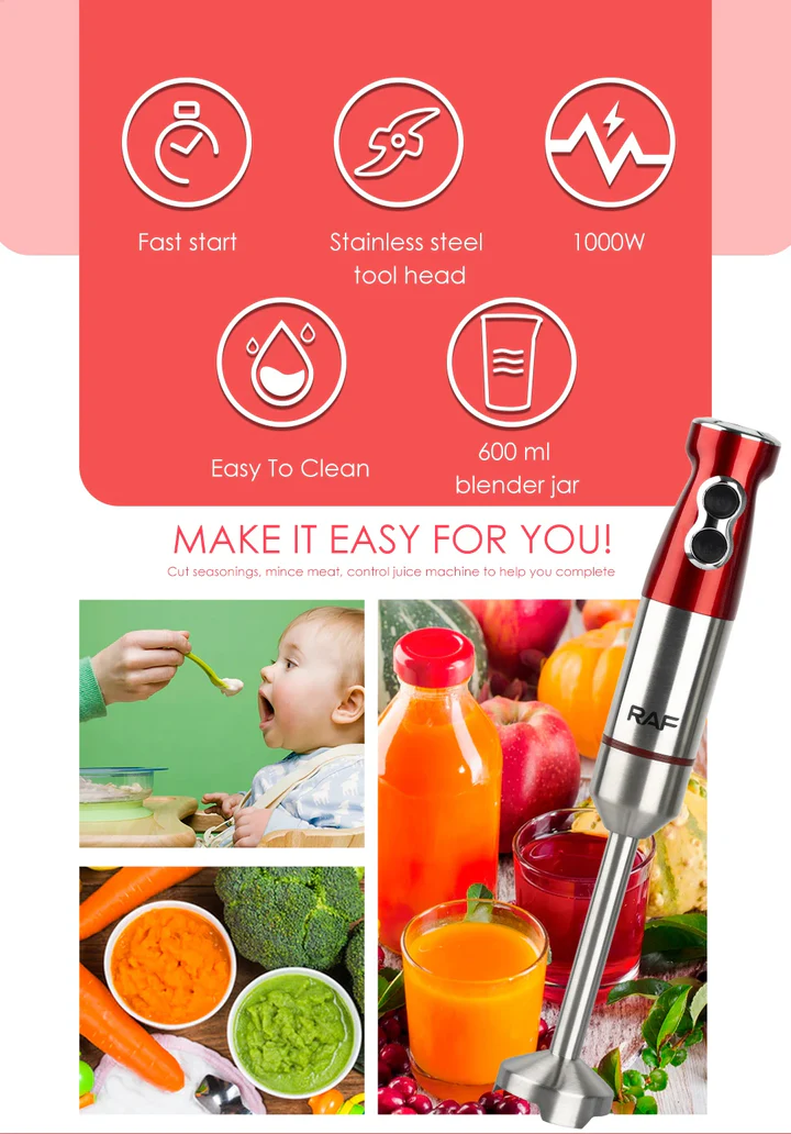 Set blender de mana 4 in 1 RAF R269, 600W, tocator, tel, pahar 600 ml, rosu/negru, garantie 3 ani