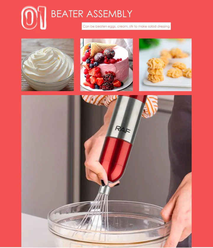 Set blender de mana 4 in 1 RAF R269, 600W, tocator, tel, pahar 600 ml, rosu/negru, garantie 3 ani
