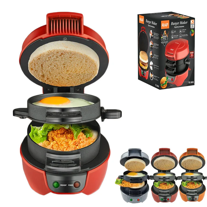 Aparat burgeri si sandwich RAF R666, 600W, 2 in 1, placi antiaderente detasabile, compact, rosu/negru, garantie 3 ani
