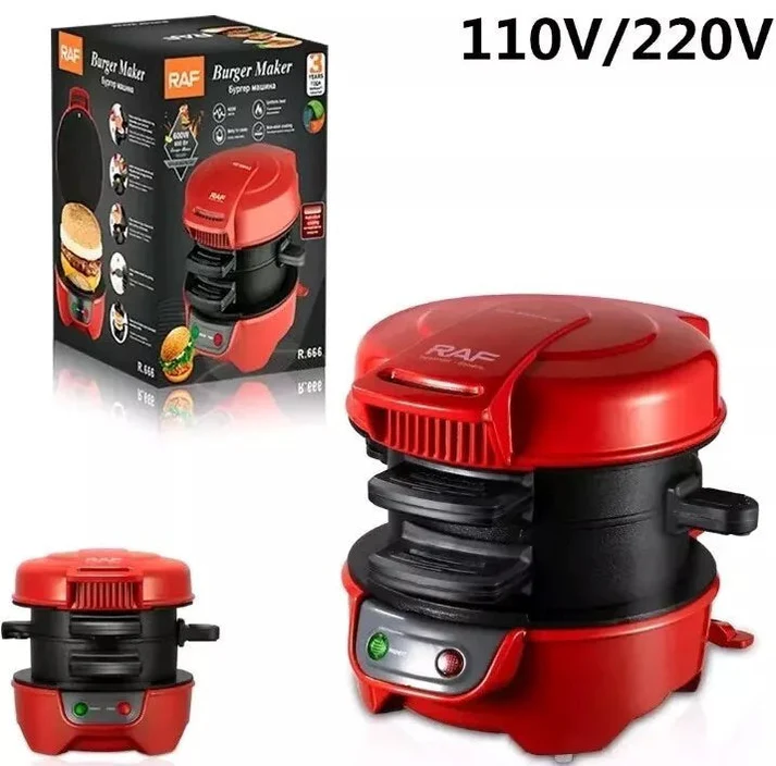 Aparat burgeri si sandwich RAF R666, 600W, 2 in 1, placi antiaderente detasabile, compact, rosu/negru, garantie 3 ani