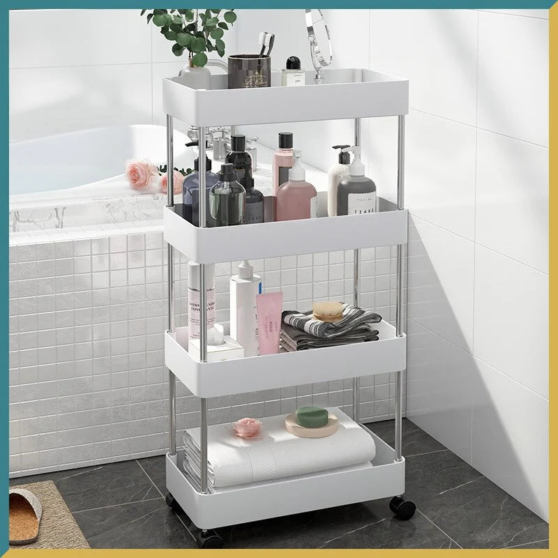 Organizator Mobil cu 4 Polițe și Roți, 40×13×80 cm, Cărucior Slim pentru Baie, Bucătărie, Debara și Spălătorie, Alb