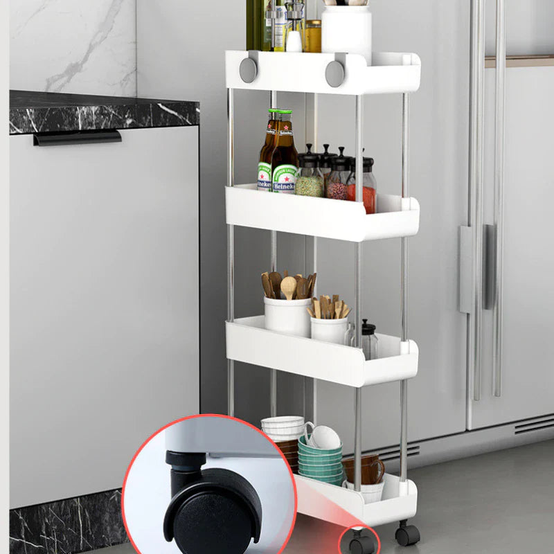 Organizator Mobil cu 4 Polițe și Roți, 40×13×80 cm, Cărucior Slim pentru Baie, Bucătărie, Debara și Spălătorie, Alb