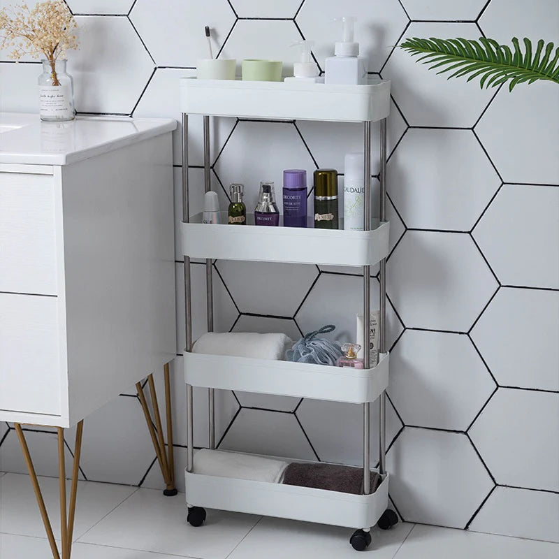 Organizator Mobil cu 4 Polițe și Roți, 40×13×80 cm, Cărucior Slim pentru Baie, Bucătărie, Debara și Spălătorie, Alb