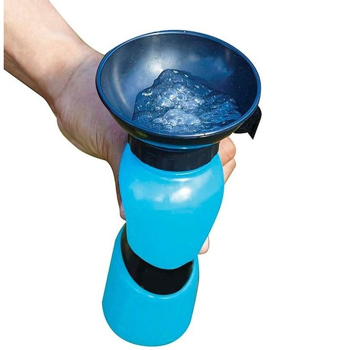 Sticla portabila cu bol pentru apa caini si pisici, 0.5L, adaptor tip adapator, anti-scurgere, albastru