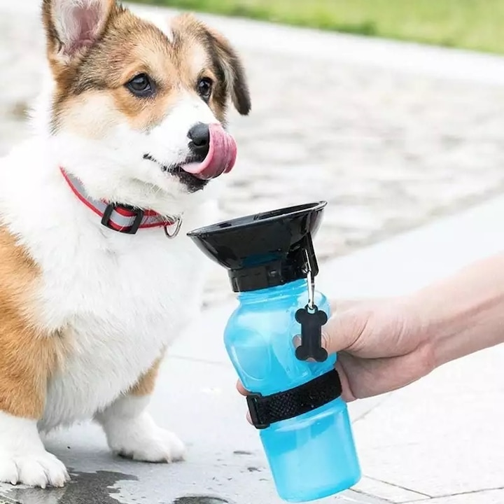 Sticla portabila cu bol pentru apa caini si pisici, 0.5L, adaptor tip adapator, anti-scurgere, albastru