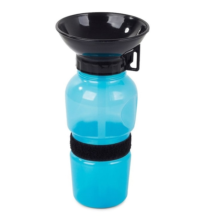Sticla portabila cu bol pentru apa caini si pisici, 0.5L, adaptor tip adapator, anti-scurgere, albastru