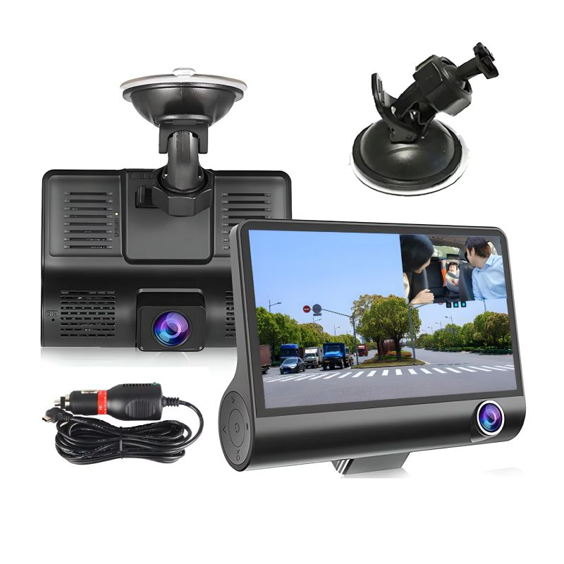 CAMERA AUTO TRIPLĂ 3-CHANNEL – FAȚĂ, INTERIOR ȘI SPATE, FULL HD 1080P, UNGHI 140°, DETECȚIE MIȘCARE, MOD PARCARE, ECRAN 2"