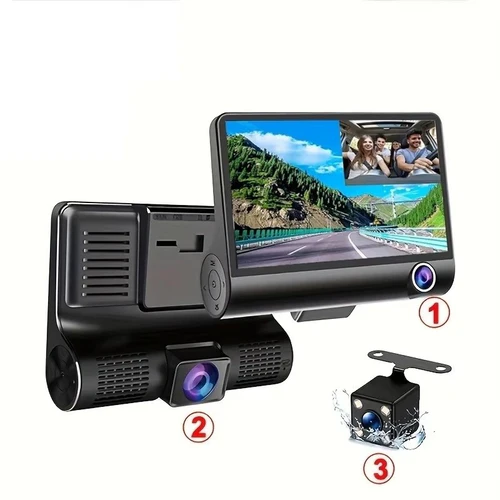CAMERA AUTO TRIPLĂ 3-CHANNEL – FAȚĂ, INTERIOR ȘI SPATE, FULL HD 1080P, UNGHI 140°, DETECȚIE MIȘCARE, MOD PARCARE, ECRAN 2"