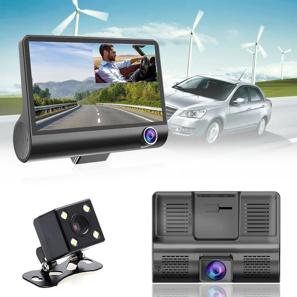 CAMERA AUTO TRIPLĂ 3-CHANNEL – FAȚĂ, INTERIOR ȘI SPATE, FULL HD 1080P, UNGHI 140°, DETECȚIE MIȘCARE, MOD PARCARE, ECRAN 2"