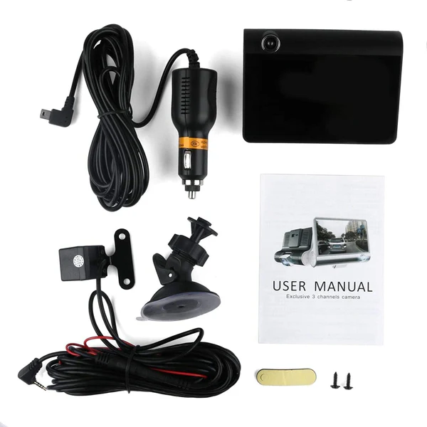 CAMERA AUTO TRIPLĂ 3-CHANNEL – FAȚĂ, INTERIOR ȘI SPATE, FULL HD 1080P, UNGHI 140°, DETECȚIE MIȘCARE, MOD PARCARE, ECRAN 2"