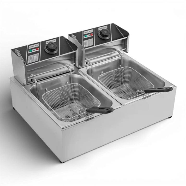 Friteuză electrică 12L din inox, 5000W, termostat reglabil 60–200°C, cuve duble independente