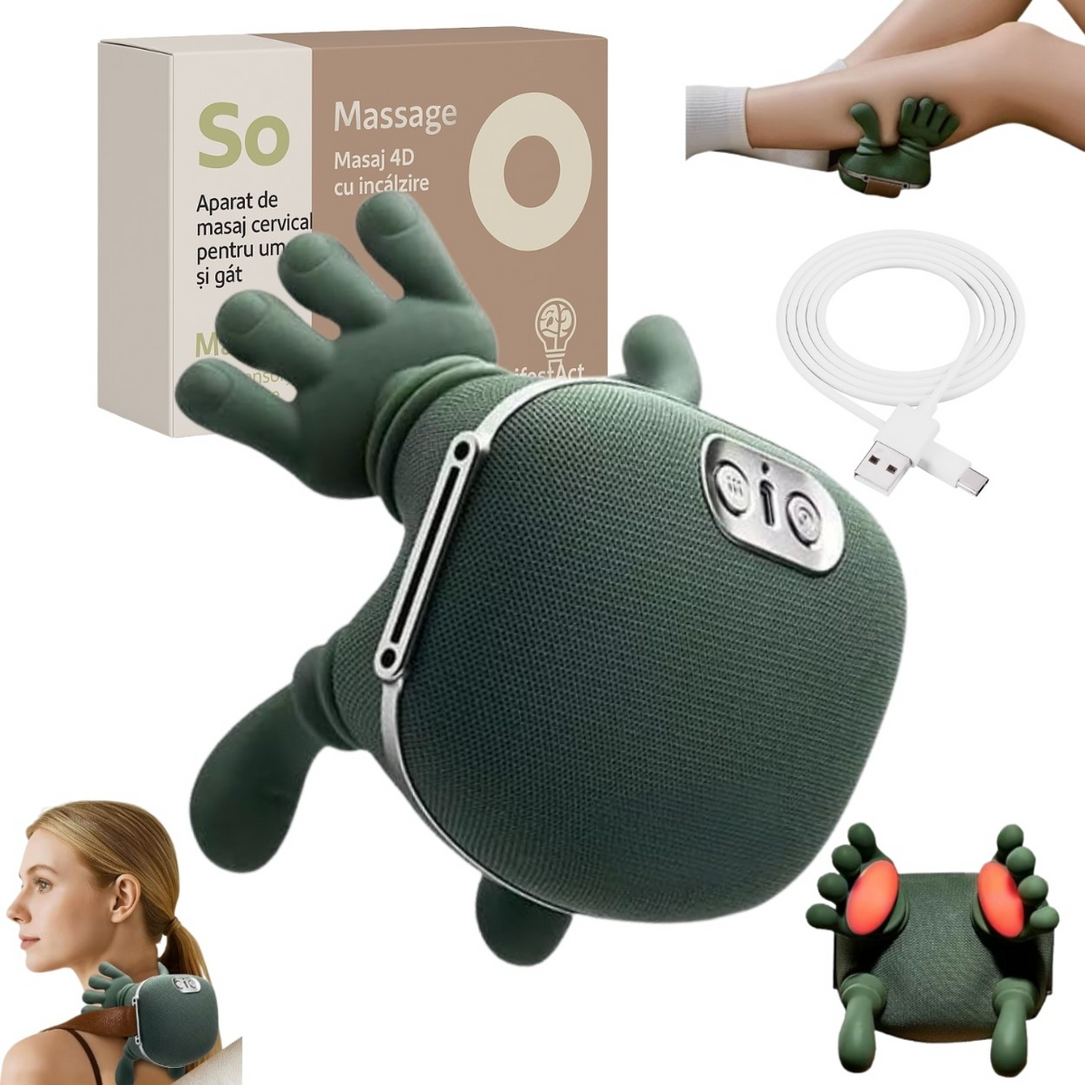 Aparat de Masaj Cervical 4D cu Încălzire | 3 Trepte | Fără Fir | Gât, Umeri, Brațe și Gambe | Încărcare USB | Verde