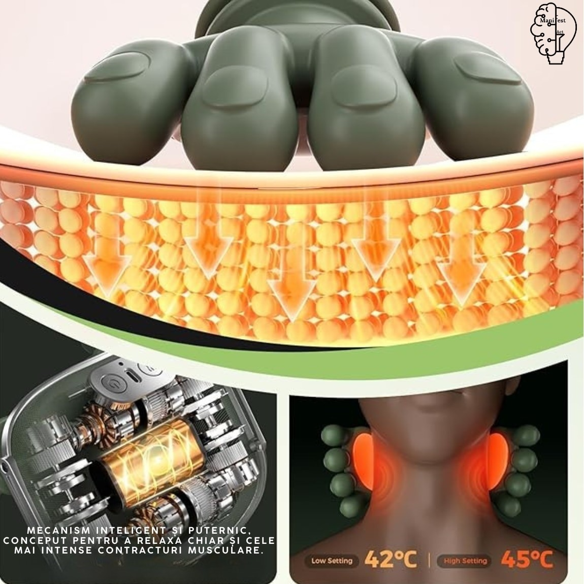 Aparat de Masaj Cervical 4D cu Încălzire | 3 Trepte | Fără Fir | Gât, Umeri, Brațe și Gambe | Încărcare USB | Verde