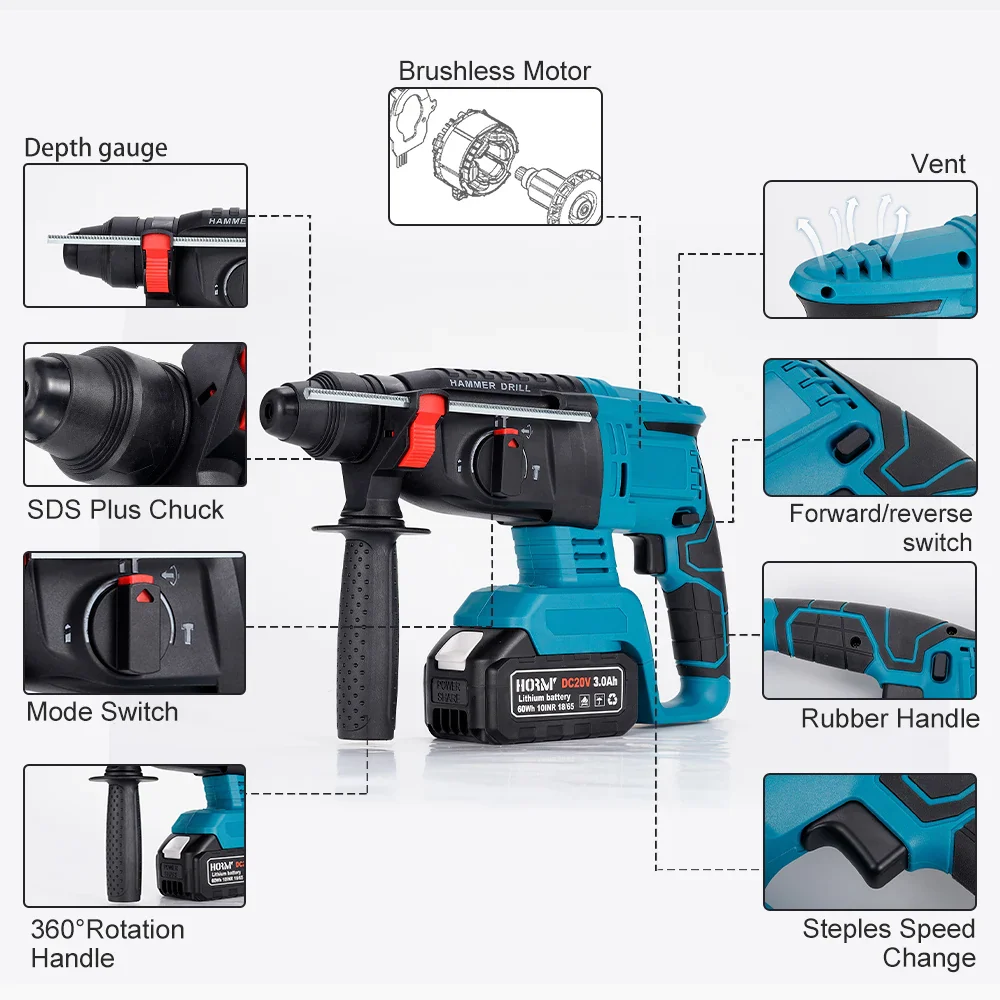 Ciocan rotopercutor fără fir, 2 acumulatori 48V, brushless, SDS Plus, 4 moduri, 2580 rpm
