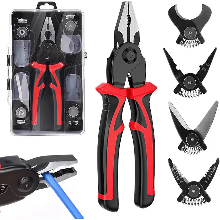 Set Clește Multifuncțional 5 în 1, Patent, Dezizolator, Tăietor Cablu, Sertizor și Foarfecă pentru Tablă, Capete Interschimbabile, Trusă Profesională pentru Electricieni și Bricolaj